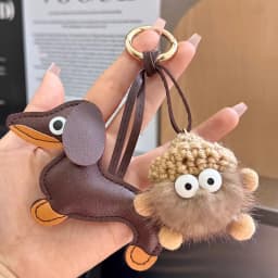 Cute Leather Keychain Cartoon Small Coal Ball Key Chain Creative Plush Bag Pendant Car Metal Keyring Gift