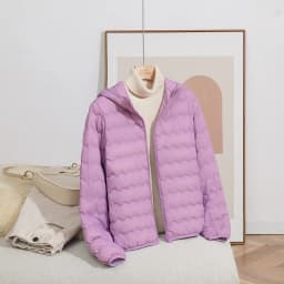 LANMREM Women Crew Neck Lightweight Short Down Jacket Wave Quilted Zipper Closure Portable Inner Wear Puffer Outerwear Coat