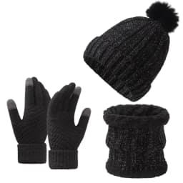 3Pcs Winter Knitted Beanie Hat Scarf Gloves Set Fleece Lined Pom Pom Hat Touchscreen Gloves Neck Warmer for Women Men Outdoor