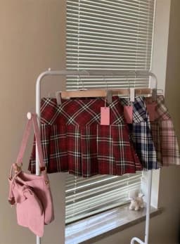 Pink Plaid Half Skirt Women's Summer New High Waist Slimming School Style Anti-Light JK Short Skirt Commute Style A-Line Poly...