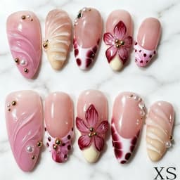 10Pcs 3D Flower Gold Beads Handmade Press On Nails Nude Pink French Almond Fake Nail M/S/XS Artificial Wearable False Fingertips