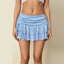 Women Floral Lace Ruffle Mini Skirt Side Drawstring Ruched High Waist Tiered Mesh Skirt Solid Color Y2K Casual Streetwear
