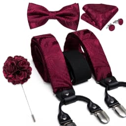 Luxury White Men's Suspenders Adjustable 6 Clips Braces DiBanGu Leather Metal Pre-Tied Bow Tie Brooch Pocket Square Set