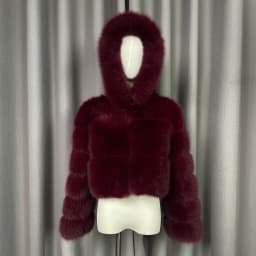 Winter Warm Ladies Fake Fox Fur Jacket Short Fashion Hooded Artificial Fox Fur Coat High Quality Women's Cropped Fur Coat Black