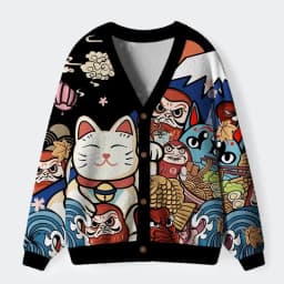 Magic Forest Cat Pattern Long Sleeved Cardigan Sweater for Women And Men Casual Comfortable Knitted Outerwear