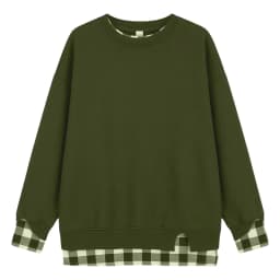 Women's Fake Two-Piece Oversize Sweatshirts With Plaid Hem Side Slit Long Sleeve Pullover Loose Fit Round Neck Sweatshirts Tops