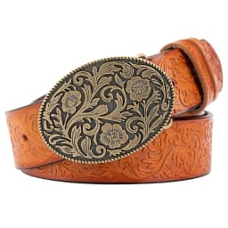 Tang Grass Pattern Embossed Leather Belt Fashion for Men Youth
