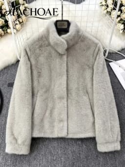 AACHOAE Women Faux Fur Jacket Winter Coat Stand Collar Long Sleeve Snap Button Warm Loose Casual Elegant Outerwear