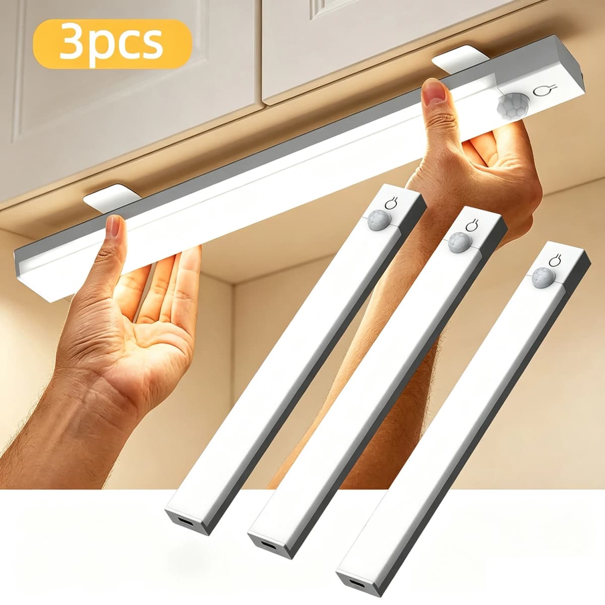 3Pcs LED Lights with Motion Detection USB Rechargeable LED Motion Sensor Lights for Room Kitchen Under Cabinet Wardrobe Closet