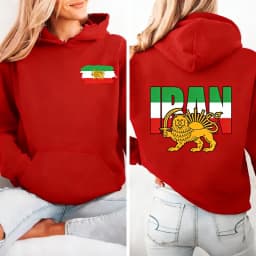 Lion and Sun Iran Sweatshirt Persian Flag Graphic Shirt Shir-o-Khorshid Emblem Iranian Heritage Shirt Patriotic Gifts Front Back