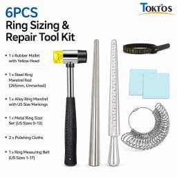 6PCS Ring Sizing Tool Kit Jewelry Ring Mandrel Set Hammer Ring Sizer Gauge Measuring Belt Polishing Cloth for Repair Making
