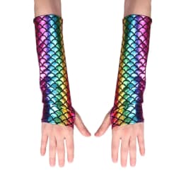 Women Mermaid Costume Fish Scale Pattern Printed Fingerless Long Gloves Arm Sleeves Adult Halloween Cosplay Costume Accessory