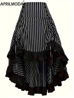 Gothic High Low Irregular Black Midi Long Skirt Bow Back White Striped Ruffles Adjustbale Steampunk Vintage Victorian Skirts Emo