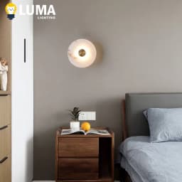 Luma Natural Alabaster Stone LED Wall Lamp, Round Marble Copper Sconce Light for Foyer TV Background Bedside Staircase Decor