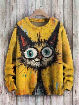 Cute Black Cat Flower Birds Art Pattern Print Casual Knit Pullover Sweater Classic Sweater Men's For Women's Pullover