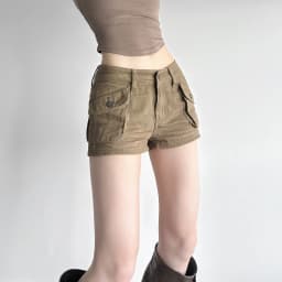 Retro Street Style Pocket Splicing Jeans Women's 2026 Summer Khaki Low-rise Tooling Shorts