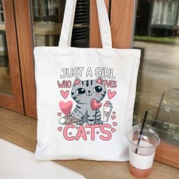 Cartoon Cat Printed Women's Canvas Single Shoulder Handbag Cartoon Animal Commuter Shopping Bag Reusable Handbag