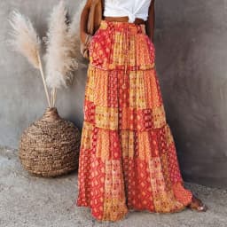 Combhasaki Women's Summer Bohemian Y2K Retro Drawstring Elastic High Waist Casual Loose A-Line Swing Long Skirt with Pockets