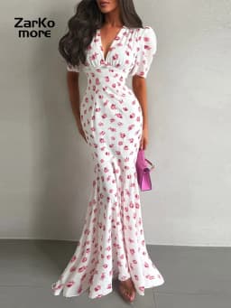 Elegant Women's Floral Printed Dress Slim V Neck Short Sleeve Waist Cinching Long Fishtail Dresses 2026 Summer Lady Party Robes