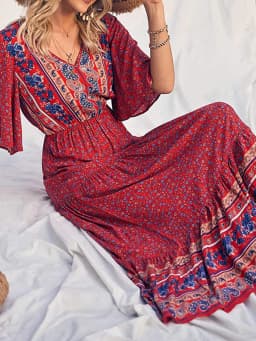 Elegant Casual Long Dress Boho Print Design Short Sleeve V Neck Summer Dress For Women 2024 Fashion