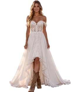 Elegant High Low Boho Wedding Dress Off Shoulder Asymmetrical Bridal Gown Sweetheart Lace Wedding Gowns Customized