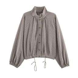 Women's Plaid Jacket, Vintage Gingham Check Coat, Stand Collar Long Sleeve Button Up Outerwear, Loose Casual Autumn Windbreaker