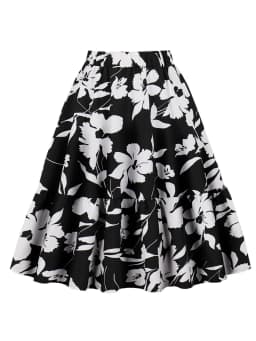2024 Elegant Flower Dot Printed Casual Party Elastic Waist Knee length Skirt for Women