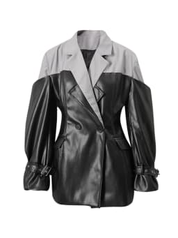 DEAT Fashion PU Leather Patchwork Blazer Women's Lapel Slim Double Breasted Long Sleeves Suit Jacket Autumn New 7A1518