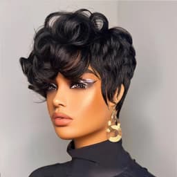 1B# Pixie Cut Human Hair Wig for Women 6" Layered Short Loose Curly with Bangs 180% Density Remy Brazilian Hair Rose Net Cap