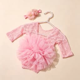 Ylsteed 2 Pieces Set Dusty Pink Newborn Lace Romper for Photo Shooting Fluffy Mesh Lace Photography Outfits with Headband