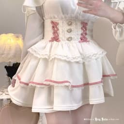 Original Japanese Mines Style Lace Patchwork Puffy High Waist Heart Buckle Bow Sweet Versatile A-line Short Skirts Women Summer