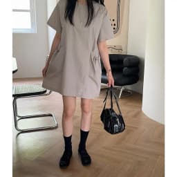 Loose Women's Summer New Style Retro round Neck Drawstring Pocket Dress Chic Short Sleeve Black Dress Polyester Fiber 100%