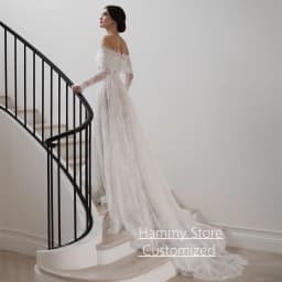 Exquisite Arabian Lace Wedding Dress Customized Off The Shoulder Long Sleeves Pearls A Line Corset Arab Bridal Gown