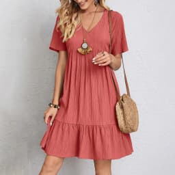 Women Summer Dresses Spring V-Neck Short Sleeve Loose Waist Ruffle Fit Flare Vocation Dresses