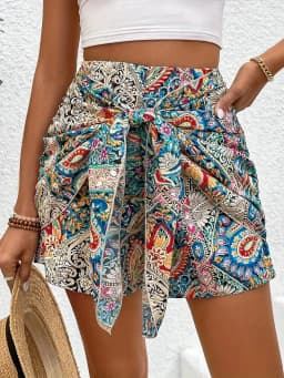2026 Summer New Boho Paisley Print Wrap Skort High Waist Tie Front Scarf Hem Casual Beach Shorts for Woman Clothes