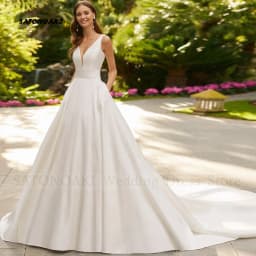 Customized Elegant Simple V-Neck Satin Wedding Dress for Bride A-Line Sweep Train Bridal Gown with Pockets Bow Vestidos De Novia