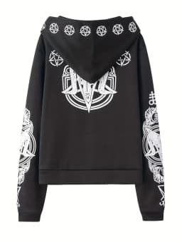 Irregular Black Punk Hoodie with Sheep Head and Moon Print Hoodie