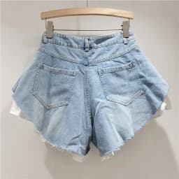 Fashion 2025 Summer New Collection Multi Layer Ruffles Patchwork Light Blue Wide Leg Denim Shorts Women High-waist Short Jeans