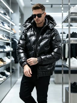 Men's Shiny Black Hooded Puffer Jacket Embossed Logo Warm Winter Coat Elastic Rib Hem Casual Outerwear