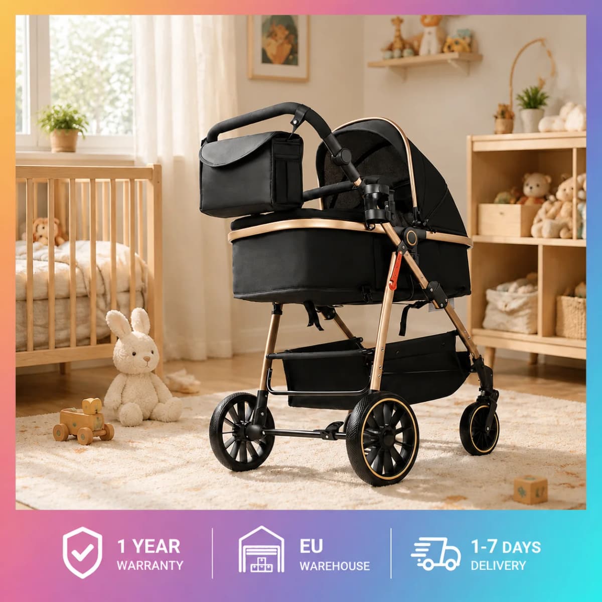 Portable 3 in 1 Baby Stroller Travel System Convertible Lightweight Infant Pram Carriage with Safety Seat Durable Frame Shock Absorbing Wheels Lightweight Pushchair Cart