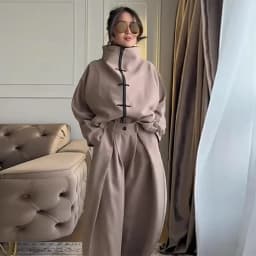 Casual Drawstring Women Outfit Chic Zipper Buttons Long Sleeve Stand Collar Female Coat Drape Wide Leg Pant Loose Streetwear Set