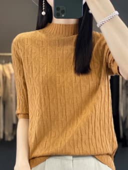 Women New Soft Diamond Letter Design Sweater Half-high Collar Three Quarter Sleeve Pullover Spring Summer Casual Knit Slim Top