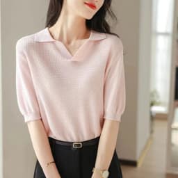 ice silk short sleeve knit cotton thread half sleeve POLO collar loose T-shirt women's summer wear thin temperament slimming top