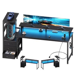 MCQ 52 Inch to 59 Inch Standing Office Computer Desk With USB Charging Ports Ergonomic Storage Shelves Gaming Desk With LED Lights Reversible Computer Desk with Drawers For Home Office Small Space