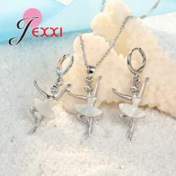 Elegant 925 Sterling Silver Ballet Dance Girl Pendant Necklace Earrings Set for Women Girls Wedding Party Fashion Jewelry Gifts