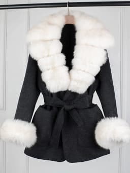 Lagabogy 2025 Large Natural Fox Fur Collar Cuffs Winter Cashmere Wool Blends Women Slim Fit Suit Double Sided Woolen Trench Coat