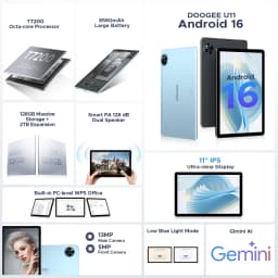 DOOGEE U11 Android 16 Tablet 11'' Ultra-clear 90Hz Display 4GB RAM 128GB ROM 8580mAh Battery Dual Speaker Supports Widevine L1
