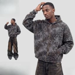 2026 Autumn New American Leopard Print Zip Up Hoodie for Men Y2K Retro Hip-hop High Street Men's Hooded Jacket Streetwear