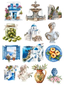 13pcs Watercolor Greek Landscape Stickers Hand Account Diary Album Mobile Phone Notebook Decoration Paste Crayon Line Stationery