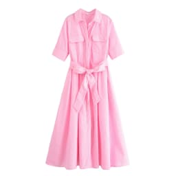 HH Women Summer Lapel Short Sleeve Pocket Single-Breasted Belt Decorate Midi Dress Female Fashion Shirt Style Pleated Dress